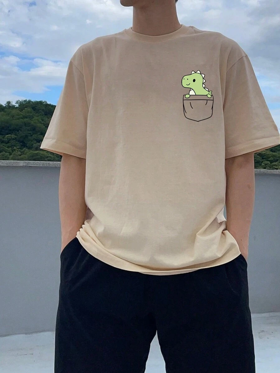 Claim Dot Men's Cartoon Dinosaur Print Short Sleeve T-Shirt - Apricot - View 1