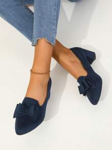 女士蝴蝶結粗跟泵鞋,中跟、防滑軟底工作鞋,舒適四季女鞋、懶人鞋 - 藍色 - 查看 3