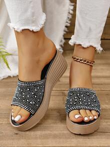 女式厚底楔跟鑲鑽涼鞋,時尚舒適,適合戶外活動,黑色 - 彩色 - 查看 1