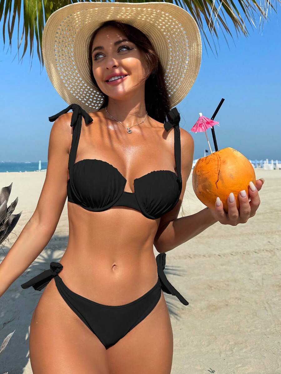 Swim Vcay Bộ Bikini Xếp Ly Màu Trơn Đi Biển Mùa Hè Cho Nữ - màu đen - Xem 1