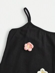 SHEIN Cô gái Tween Dệt kim 3D Hoa Trang trí Dây đeo Mì Ý  Đầm - màu đen - Xem 3