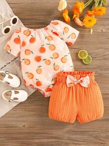 Conjunto de body y pantalones cortos con volantes y estampado de naranjas para niña bebé, ideal para primavera y verano. - Naranja - Ver 1