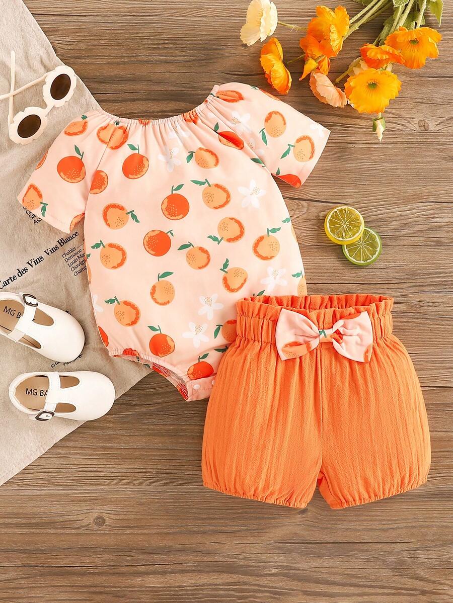 Conjunto de body y pantalones cortos con volantes y estampado de naranjas para niña bebé, ideal para primavera y verano. - Naranja - Ver 1