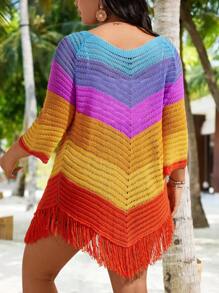 SHEIN LUNE Plus Size Women's Colorful Striped Button Up Cardigan - Multicolor - View 2