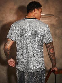 Manfinity VCAY Men's Glitter Contrast Color Round Neck Short Sleeve T-Shirt - Silver - View 2