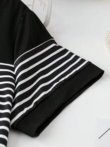 SHEIN LUNE Plus Size Women Striped Short Sleeve T-Shirt, Women Summer Top - Black and White - View 4