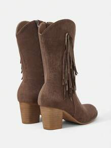 Women's Mid-Calf Tassel Brown Boots With Heel - Brown - View 4