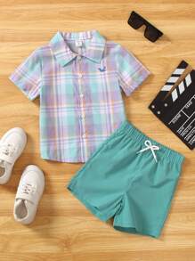 SHEIN Young Boy Plaid Breathable 2 Pieces Set, Suitable For Getaways, Holidays, Travels, Relaxation, Sunbathing, Summer, School, Campus, College - Green - View 3