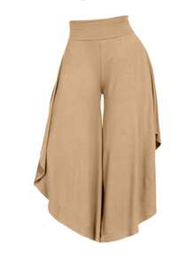 Breezaya 大尺碼女士純色不對稱下擺寬褲 - 卡其色 - 查看 4