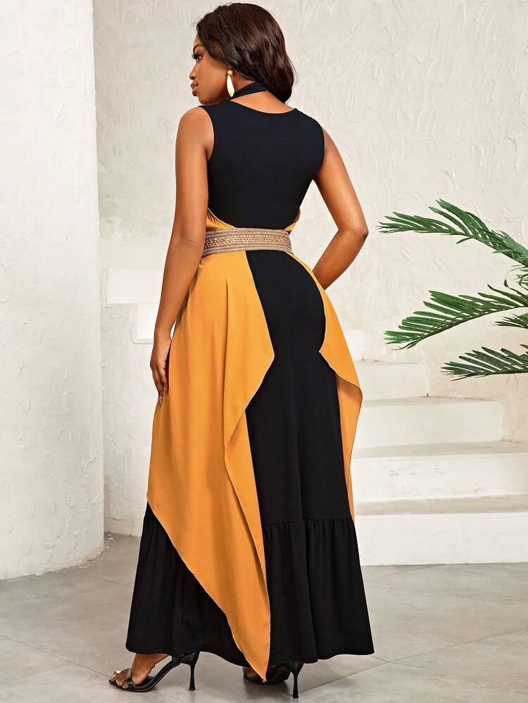 Solid Color Ruffle Hem Cami Dress And Patchwork Woven Belt Coat