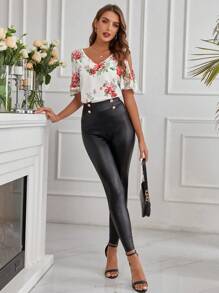 SHEIN Clasi Blusa de manga corta con hombros descubiertos y estampado floral para mujer - Multicolor - Ver 6