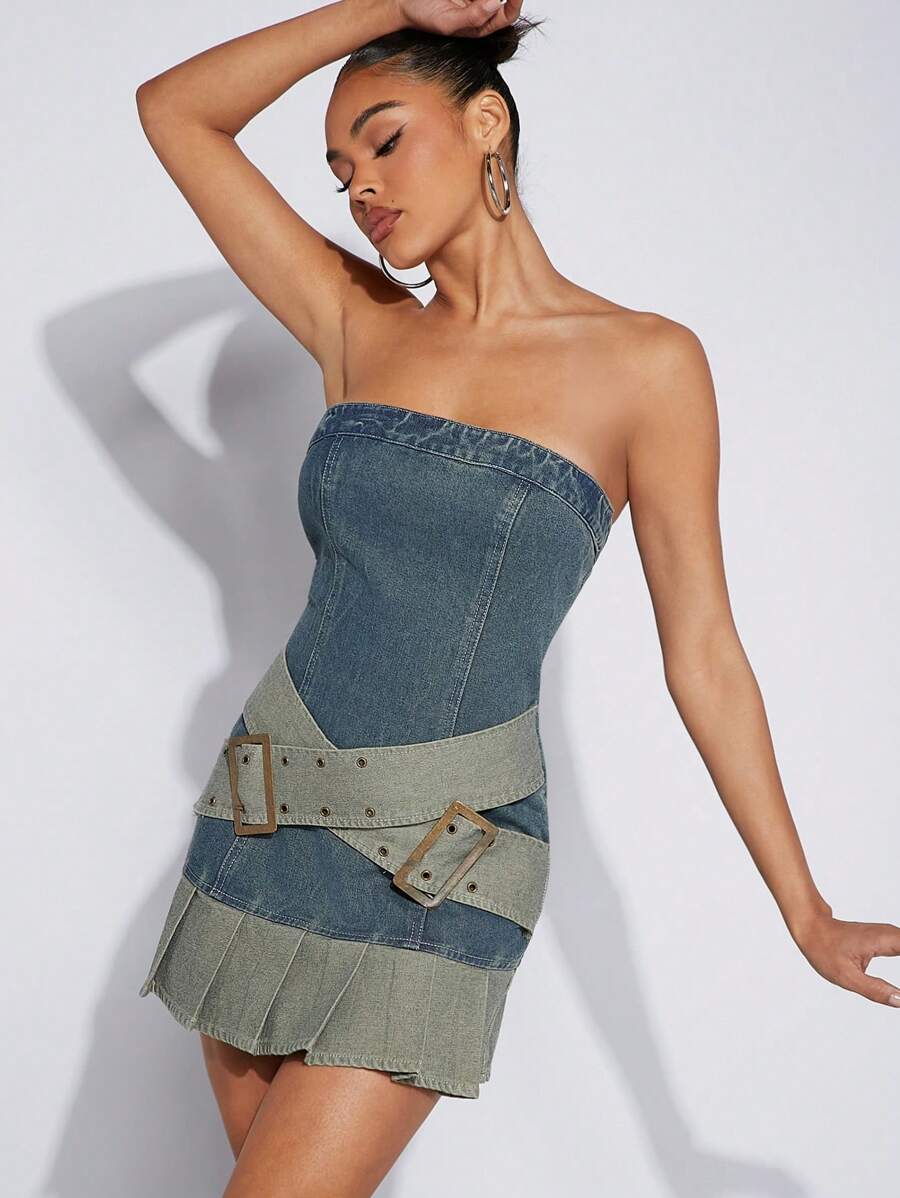 Denimoi Robe En Denim Sans Bretelles À Blocs De Couleurs Avec Ourlet Plissé - Jean brut - Voir 1