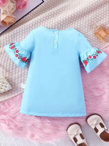 Baby Girl's Bohemian Style Rose Print Dress With Ruffled Hem And Decorative Trim - Multicolor - View 2