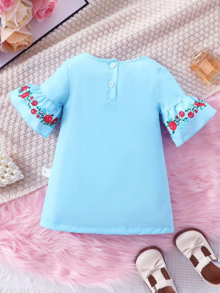 Baby Girl's Bohemian Style Rose Print Dress With Ruffled Hem And Decorative Trim
