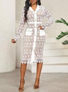 SHEIN Lady Floral Lace Overlay Button Front Shirt Dress - White - View 3