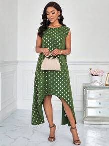 SHEIN Clasi Polka Dot Print Round Neck Asymmetric Hem Dress - Green - View 1