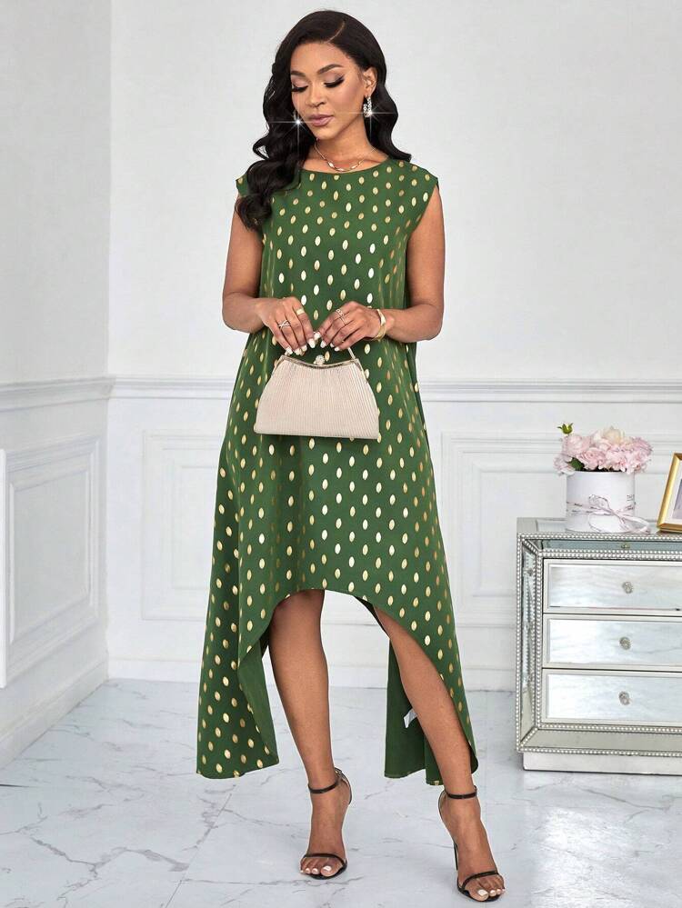 Polka Dot Print Round Neck Asymmetric Hem Dress