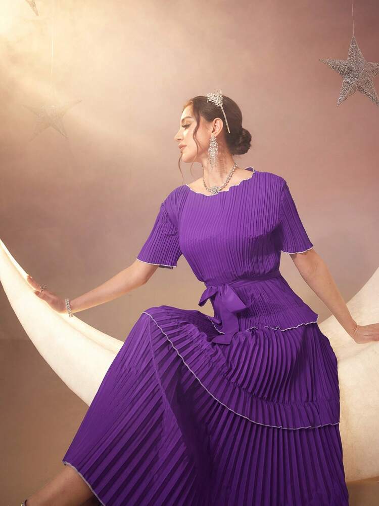 Women's Color Block Pleated Dress With Contrast Trim Long Evening Dresses