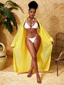 Slaydiva 1pc Knitted Vacation Cardigan With Holes Design - Yellow - View 3
