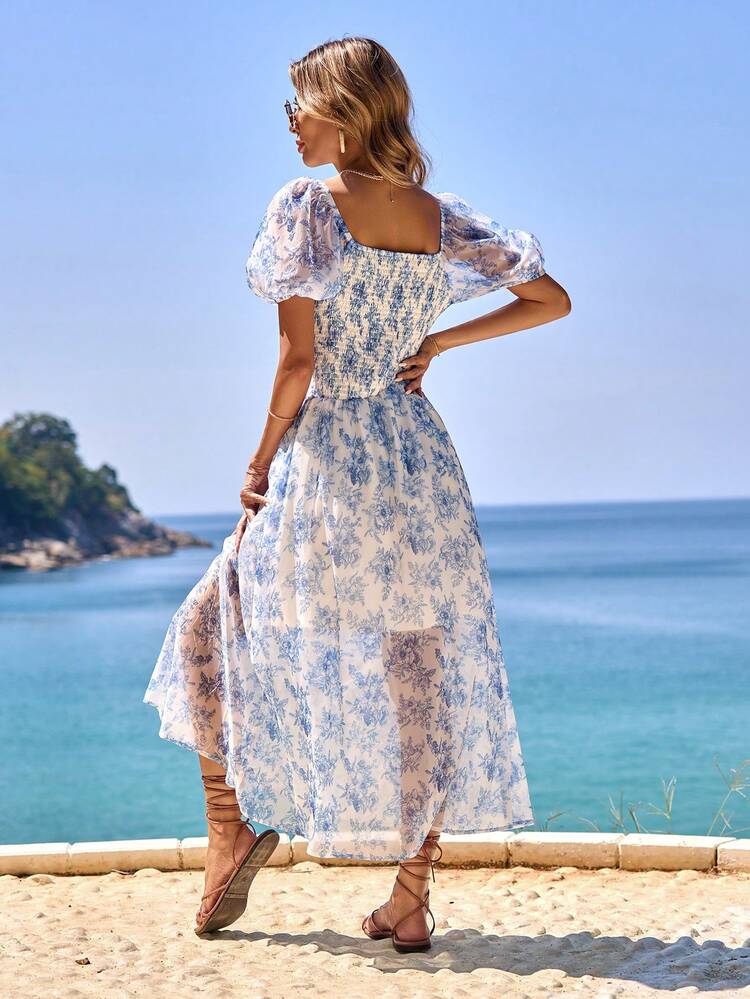 Music Festival Flower Printed Square Neck Puff Sleeve Vacation Summer Dress