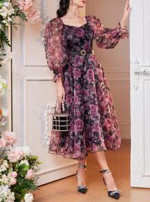 Modelyn 女士花卉印花网眼连衣裙，优雅晚会礼服 - 黑色 - 查看 2