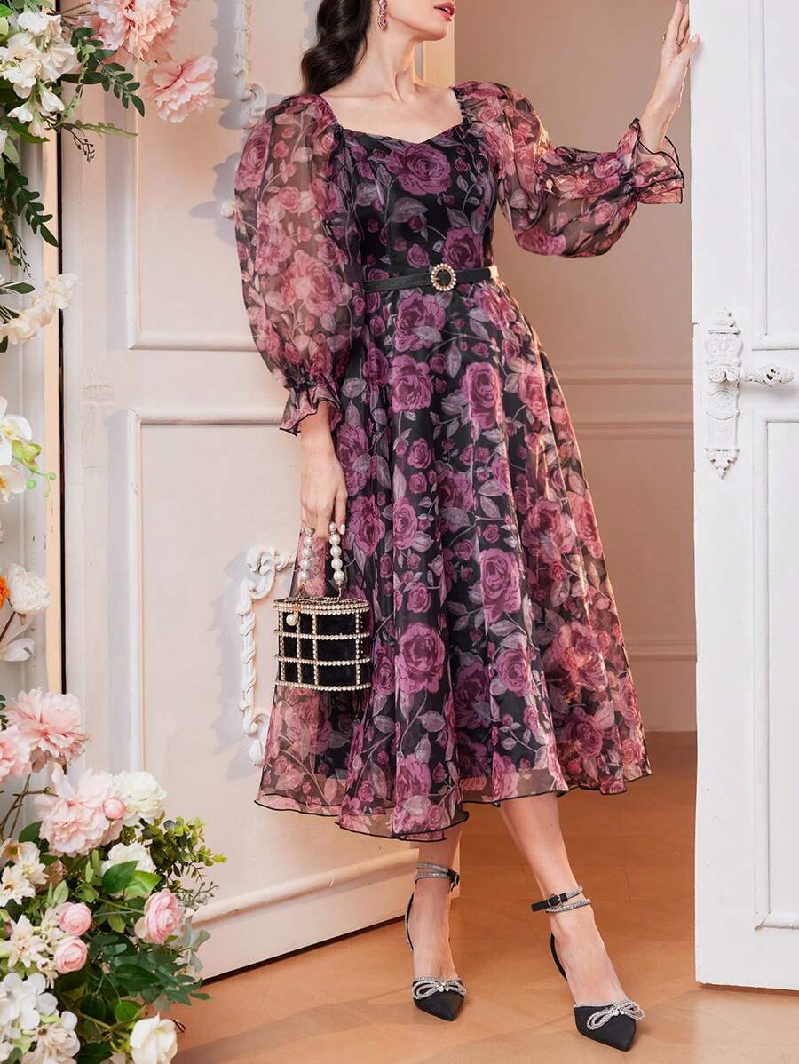 Modelyn 女士花卉印花网眼连衣裙，优雅晚会礼服