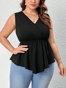 SHEIN Privé Áo Sơ Mi Cổ Chữ V Màu Trơn Thanh Lịch Plus Size Với Viền Bất Đối Xứng, Thích Hợp Cho Công Sở Và Trang Phục Hàng Ngày - màu đen - Xem 1