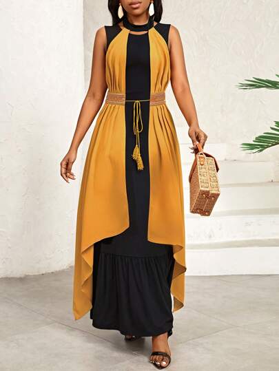 SHEIN Lady 純色荷葉邊下擺吊帶洋裝與拼布編織腰帶外套