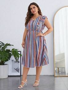 SHEIN Holidaya 休閒揉皺 後系帶條紋加大洋裝 - 彩色 - 查看 6