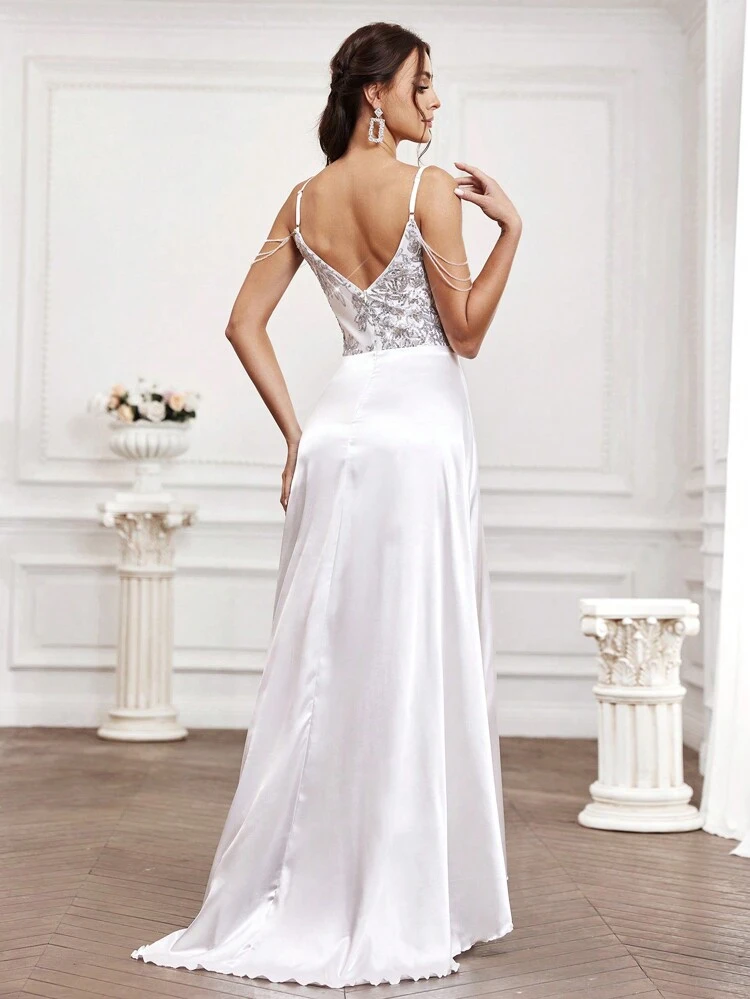 Sequin Patchwork Split Front Cold Shoulder Wedding Dress With V-Neckline