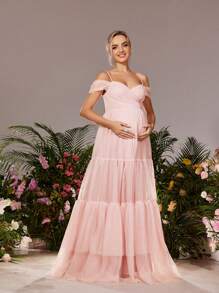 Faeriesty Đầm dự tiệc lưới bèo nhún hở vai cho bà bầu Dressalisa - Bụi hồng - Xem 6