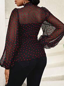 SHEIN Lady Heart Mesh Lantern Sleeve Top - Multicolor - View 2