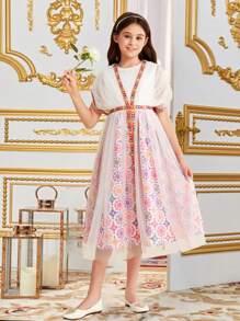 SHEIN 青少女網眼和緞帶裝飾的圓領花印拼接中長裙 - 玫紅色 - 查看 4