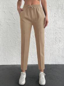 Cottnline 純色抽繩腰部斜袋運動褲 - 杏色 - 查看 1