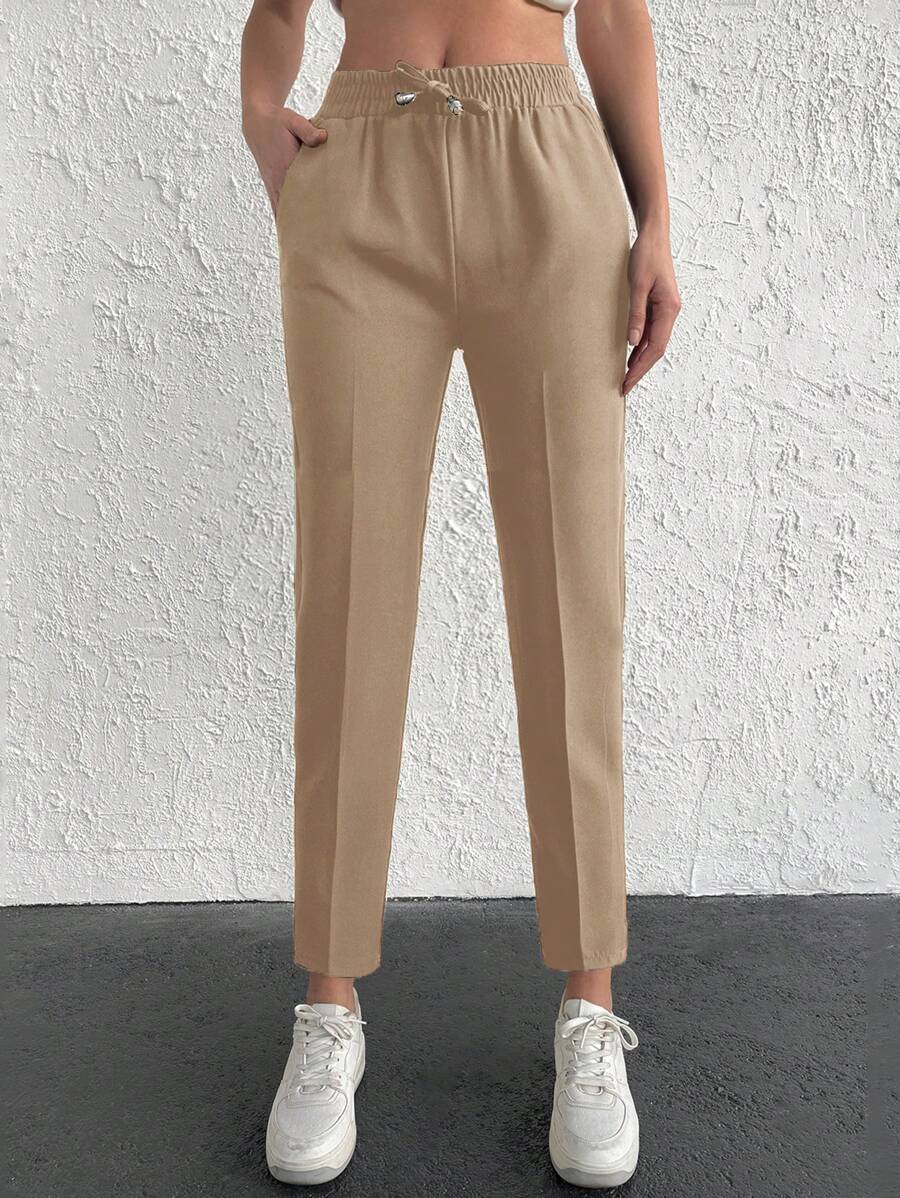 Cottnline 純色抽繩腰部斜袋運動褲 - 杏色 - 查看 1