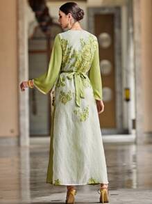 Al Najma Patchwork Jacquard 2 In 1 Long Robe Jalabiya With Weave Ribbon - Green - View 2