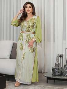 Al Najma Patchwork Jacquard 2 In 1 Long Robe Jalabiya With Weave Ribbon - Green - View 3