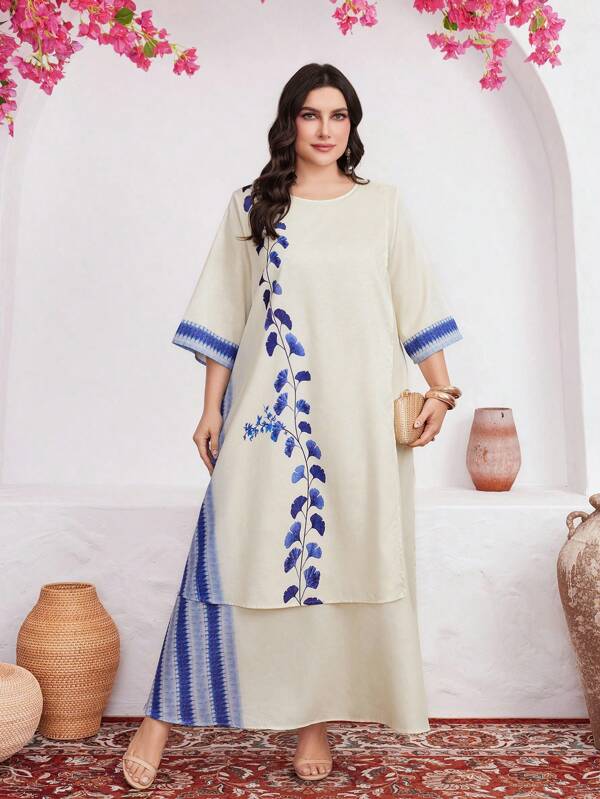 Al Najma Plus Size Women's Arabic Style Botanical Printed Round Neck Clothing