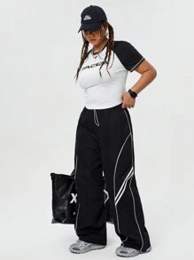 Coolane Lỏng lẻo phù hợp Kích thước lớn Y2K Phong cách đường phố Quần ống rộng Với dây rút Eo Cho mùa xuân Và Mùa hè 2024 - màu đen - Xem 6