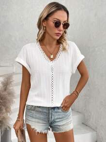 SHEIN LUNE V-Neck Lace Patchwork Batwing Sleeve T-Shirt - White - View 3