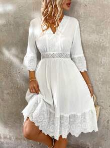 SHEIN LUNE Patchwork Hollow Out Embroidery V-Neckline Dress With Ruffled Hemline And Waist Cinched Design