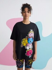 Mr Men Little Miss X SHEIN Cartoon Print Drop  Shoulder T-Shirt - Black - View 6
