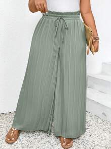 SHEIN Frenchy 大尺碼高腰彈性壓褶寬褲 - 綠色 - 查看 1