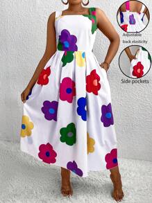 Maweii 加大码无袖花卉印花连衣裙，配有隐藏式口袋，超长女装 - 彩色 - 查看 1
