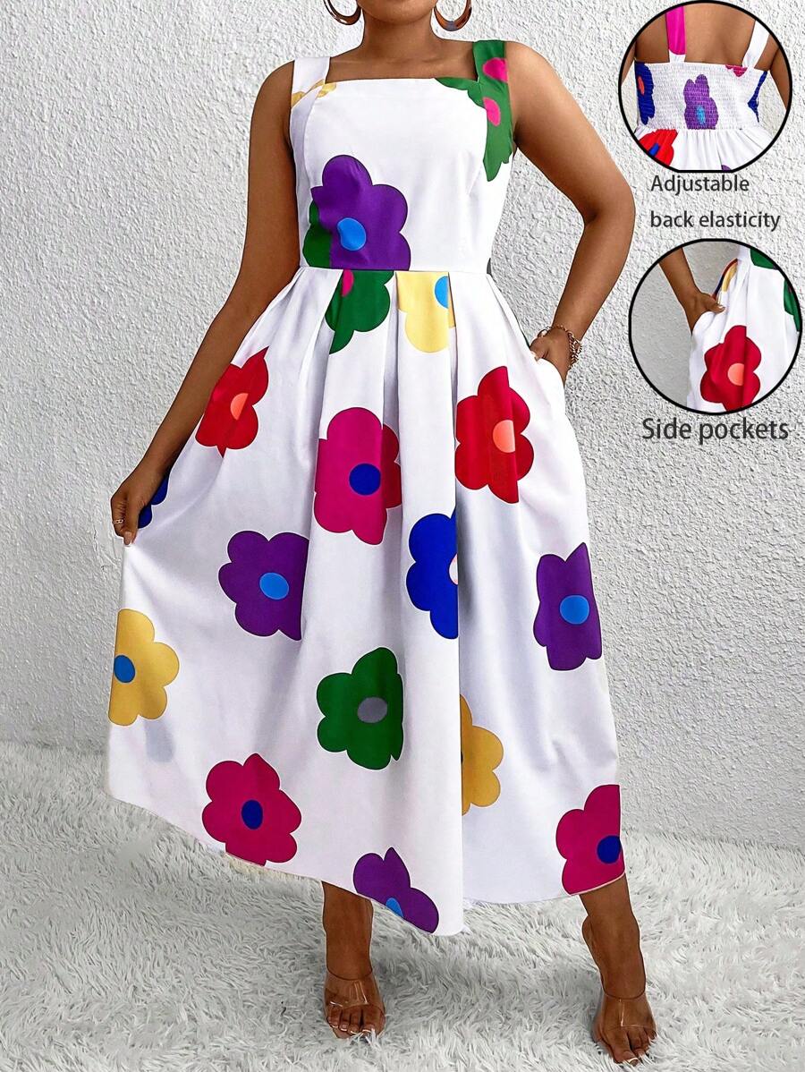 Maweii 加大码无袖花卉印花连衣裙，配有隐藏式口袋，超长女装 - 彩色 - 查看 1