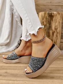 女式厚底楔跟鑲鑽涼鞋,時尚舒適,適合戶外活動,黑色 - 彩色 - 查看 5