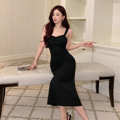 솔리드 컬러 슬림 핏 스트랩 드레스 프롬 드레스 우아한 선드레스
