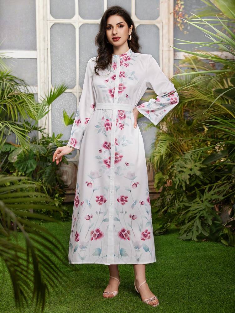 Women's Stand Collar Flower Printed Long Sleeve Single Breasted Dress