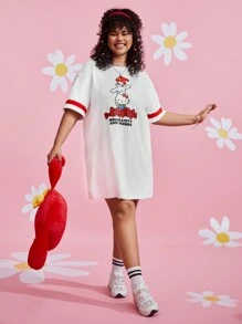 HELLO KITTY AND FRIENDS | SHEIN Plus Size Summer Drop Shoulder Cartoon Letter Pattern T-Shirt Dress - White - View 1