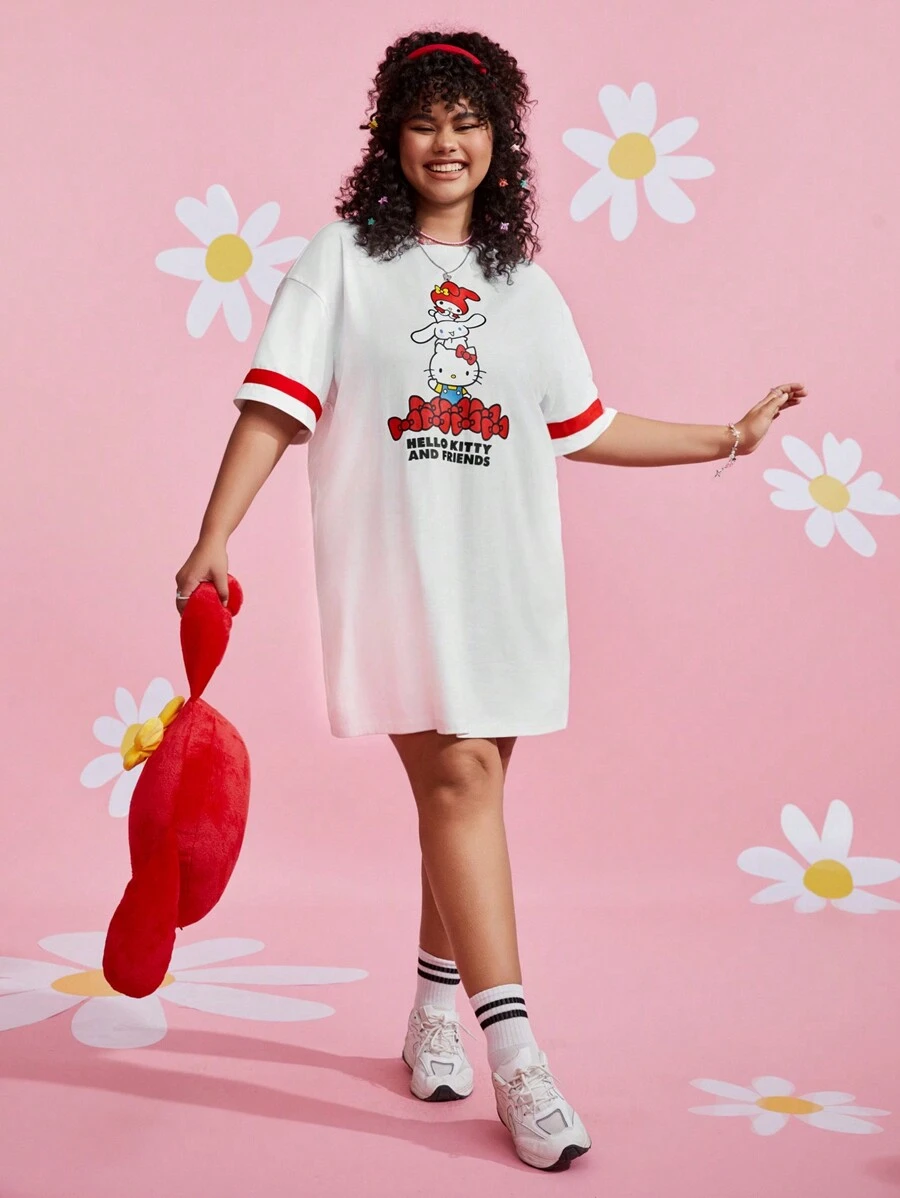 HELLO KITTY AND FRIENDS | SHEIN Plus Size Summer Drop Shoulder Cartoon Letter Pattern T-Shirt Dress - White - View 1
